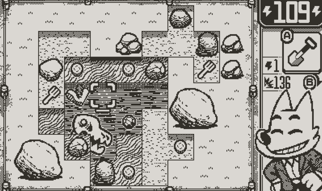 Dig Dig Dino Playdate console game screenshot in black and white