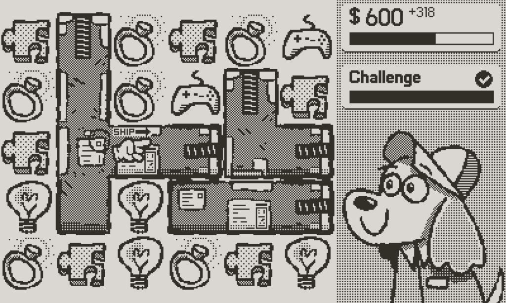 Pick Pack Pup Playdate console video game screenshot in black and white