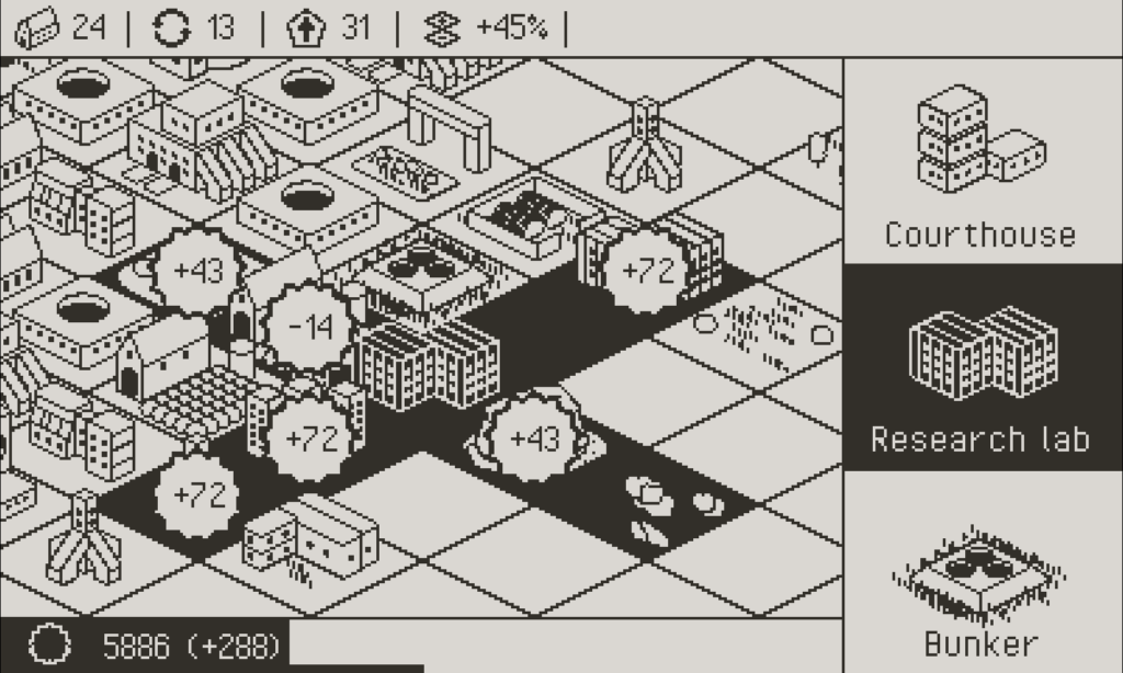 Mega Dystopia Micro Architect Playdate console video game screenshot in black and white