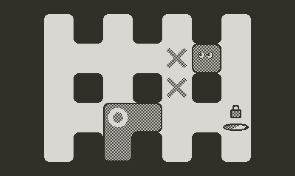 Skwish Playdate console game screenshot in black and white