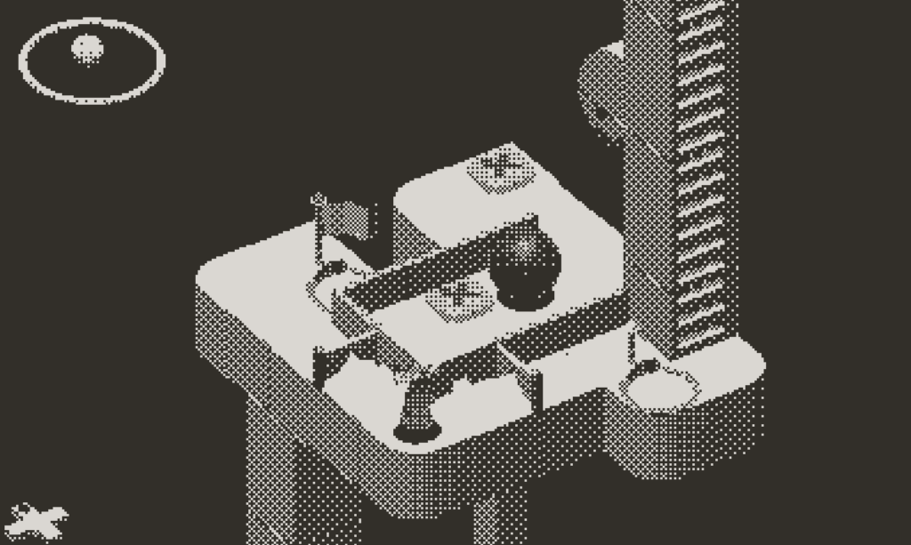 Diora Playdate console game screenshot in black and white