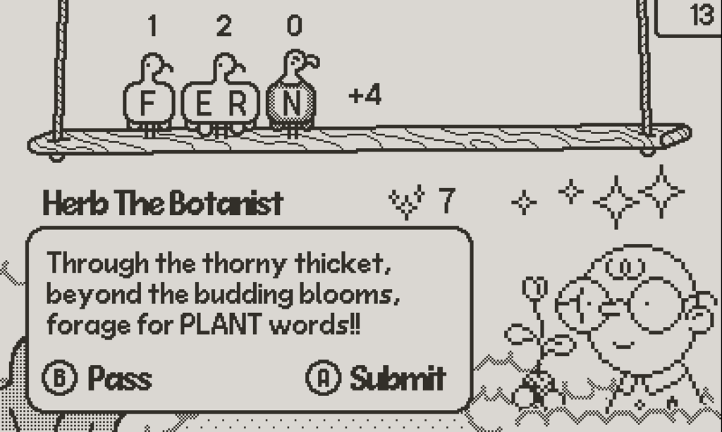 BWIRDS Playdate console game screenshot in black and white