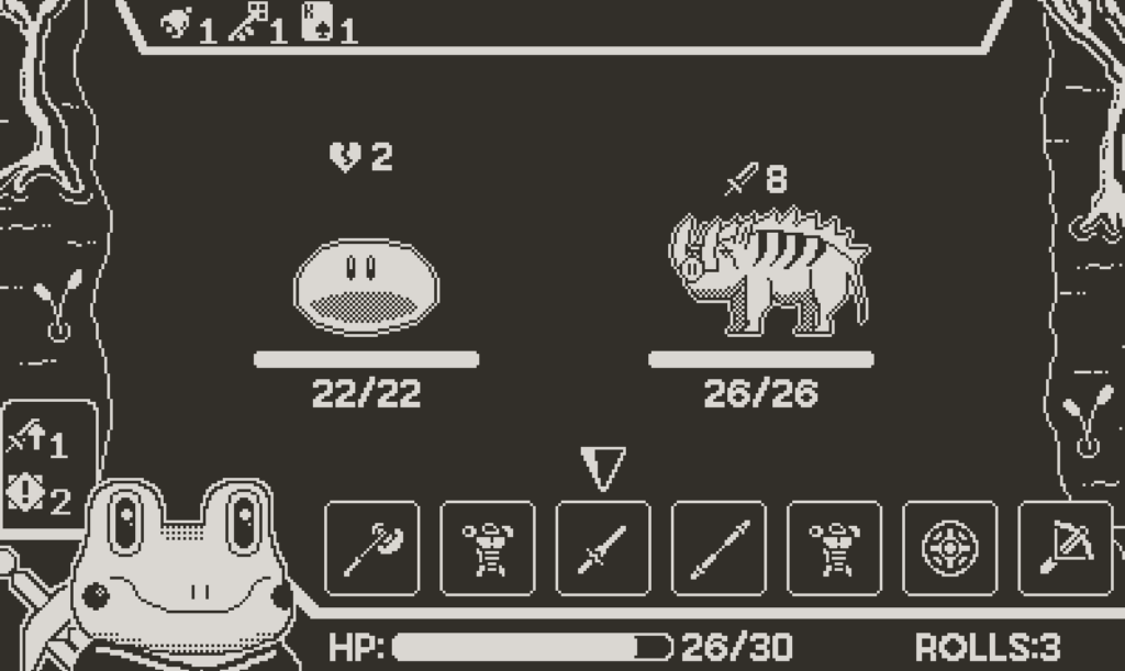 Ribbit Rogue Playdate console video game screenshot in black and white
