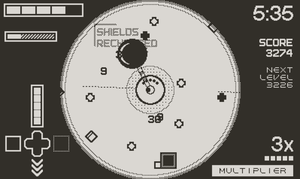 Fullcrum Defender Playdate console video game screenshot in black and white